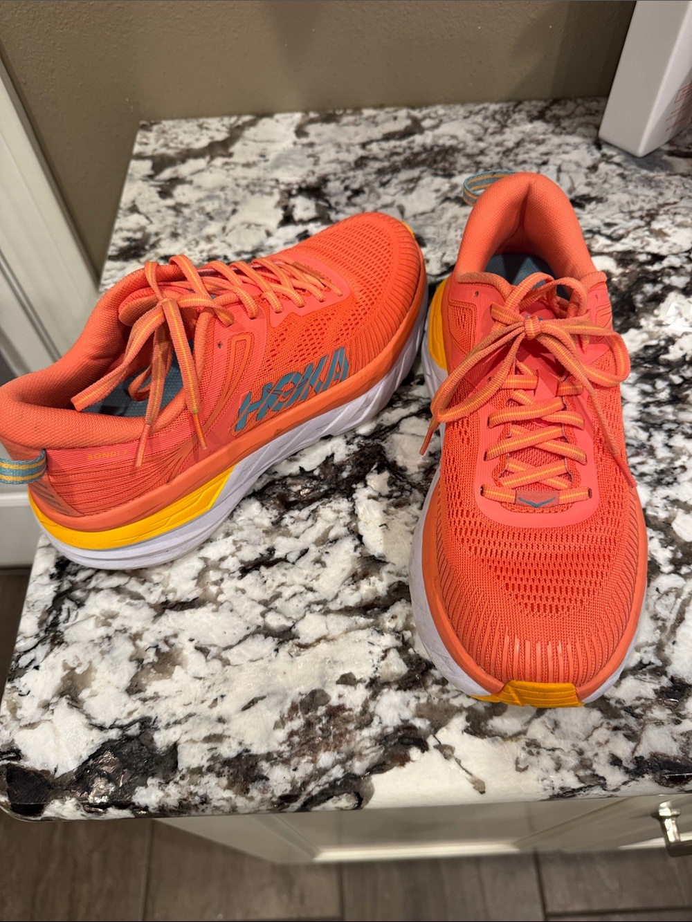 Hoka Women's Bright Coral and Yellow Athletic Running Shoes